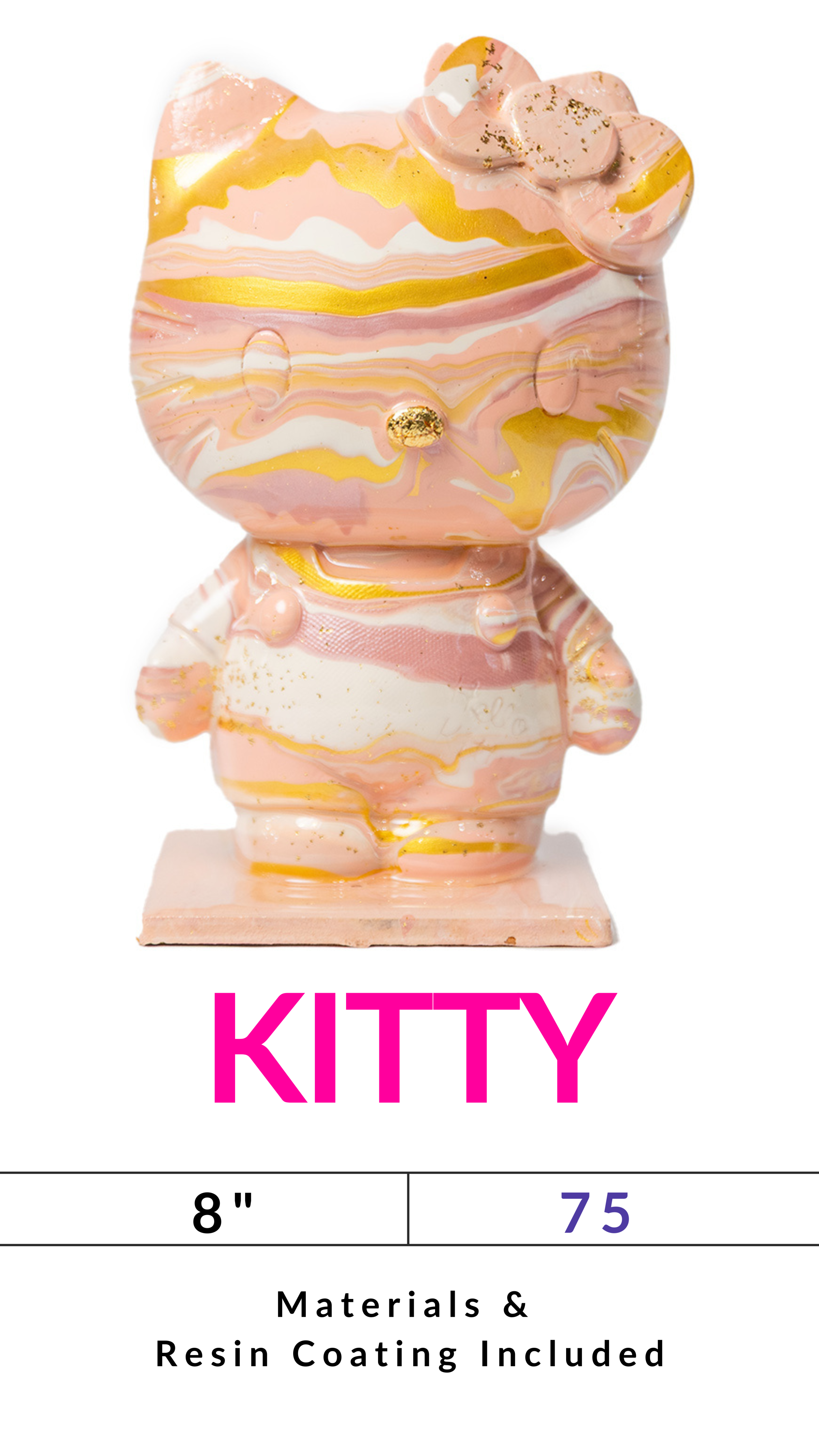 Pink and gold marbled cat figurine with text 'KITTY' and size details below.