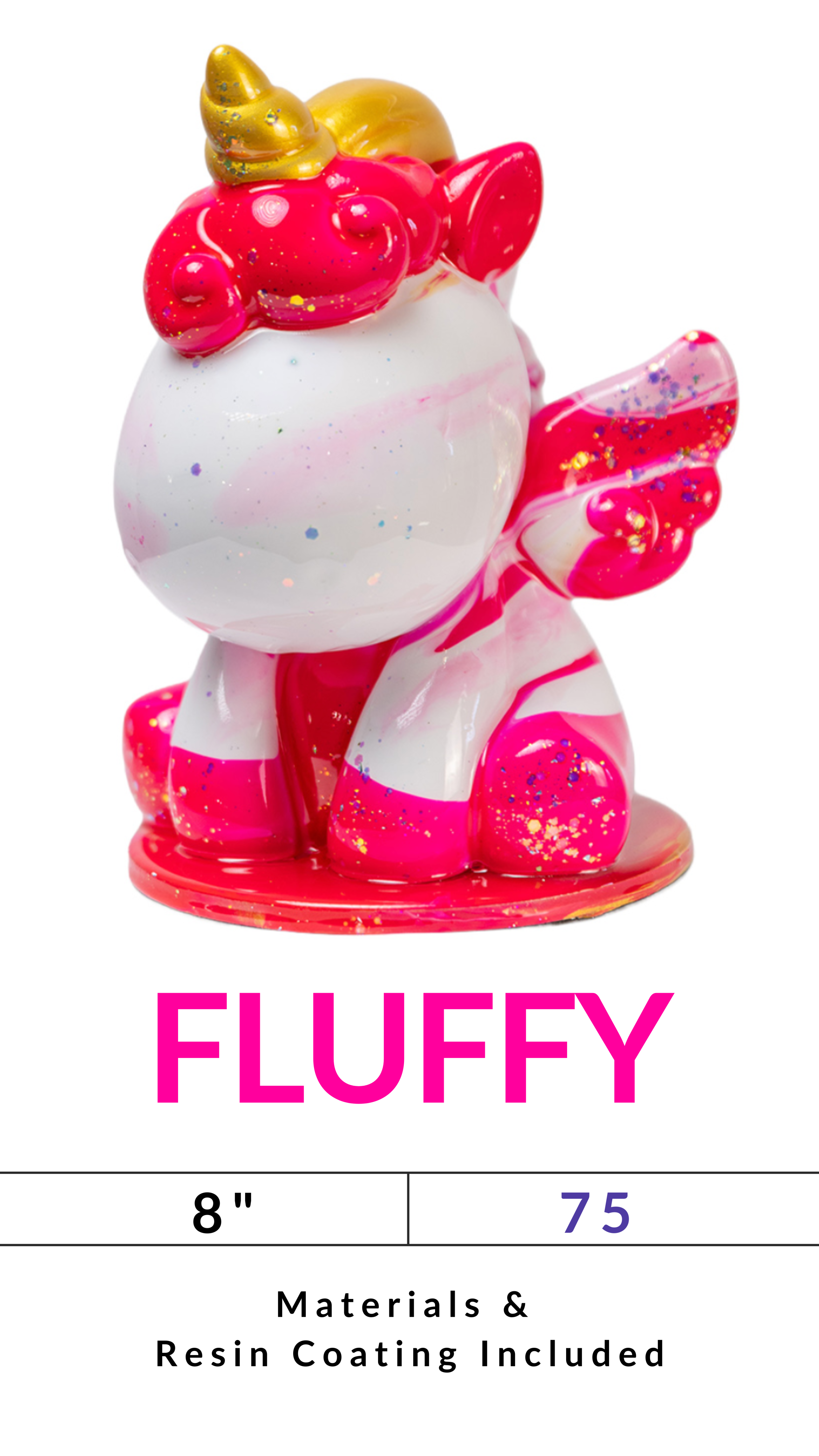 Pink and white unicorn figure with wings and a golden horn labeled 'FLUFFY', 8 inches tall, includes materials.