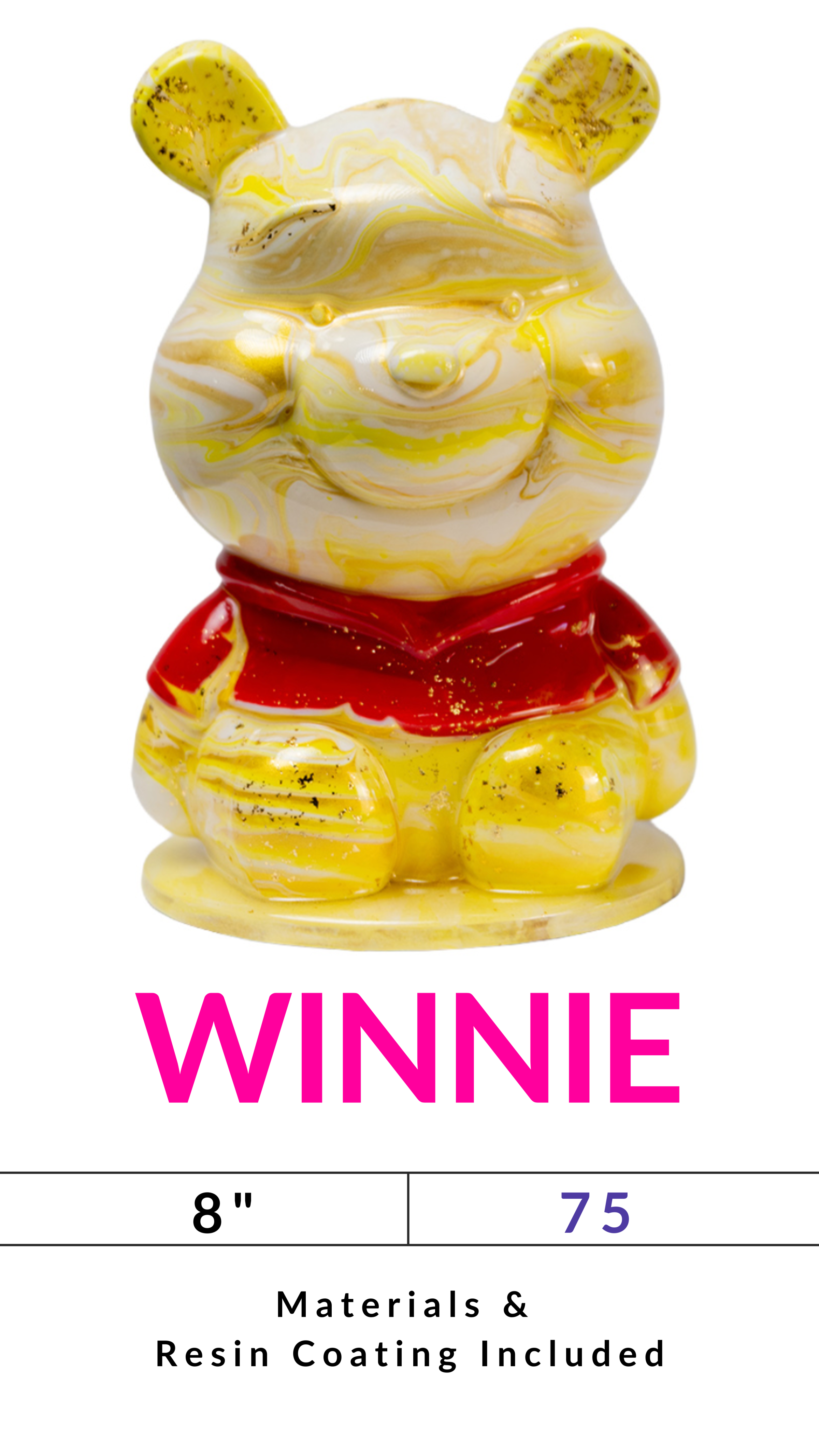Yellow bear figurine with red shirt labeled 'Winnie', 8 inches, resin coating included.
