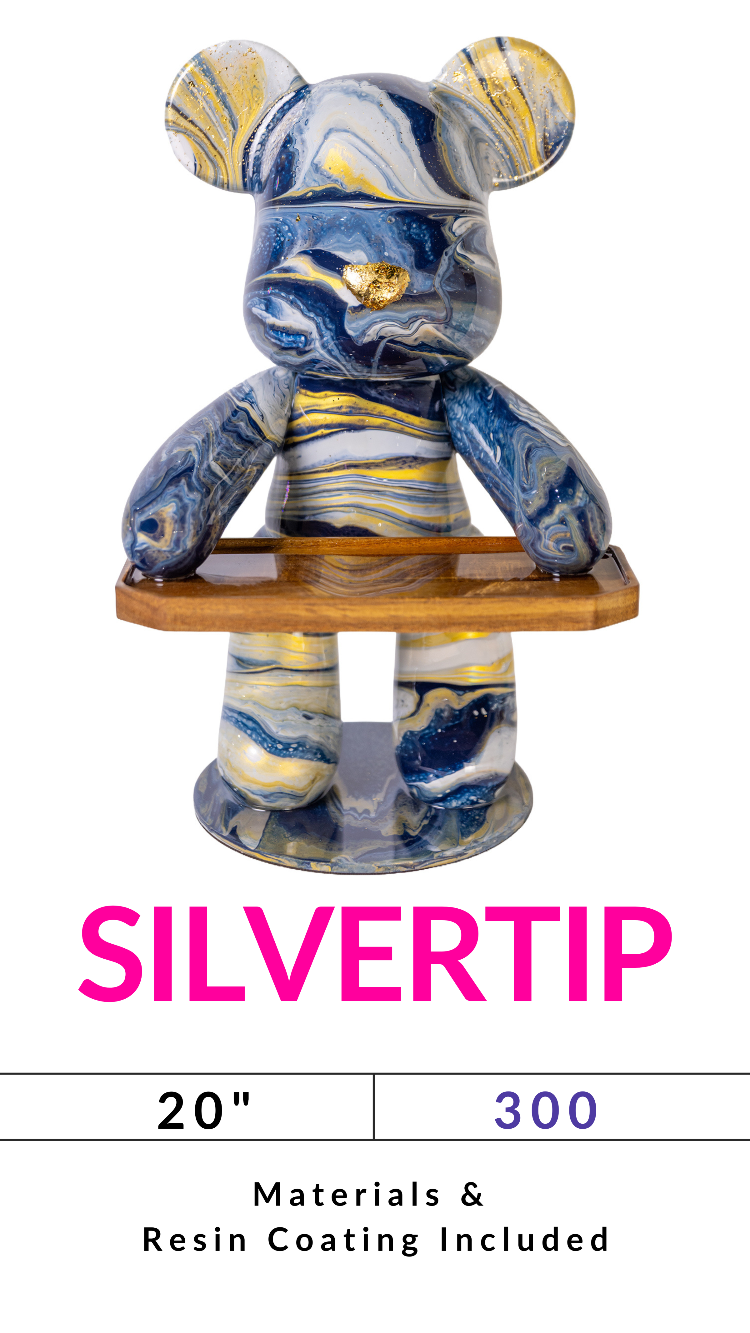 Blue marbled bear sculpture holding wooden tray, text: 'SILVERTIP', '20